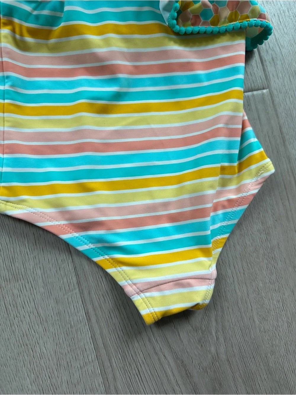 Matilda Jane Girls One-Shoulder Striped Swimsuit in Teal, Yellow & Coral